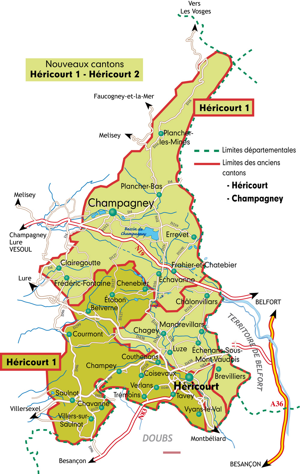 Canton d'Héricourt2, La HauteSaône, La route des communes